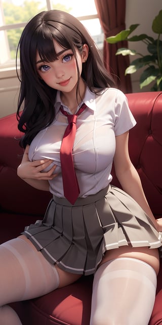 masterpiece, (high quality:1.1), More Detail, Detailedeyes, Detailedface, (1girl, black hair, long hair, purple eyes, curvy, large breasts, large ass, thick thighs, wide hips, plump, voluptuous), (school uniform, white shirt, short sleeves, red necktie, pleated skirt, black pantyhose), BREAK (a girl is sitting on sofa with spread legs, grabbing own breast, looking at viewer, blush, smile, indoors, luxury room, renaissance)
