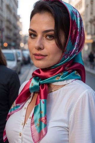 photograph,  full height View of 30 years old caucasian female, sunny, brokeh, (bright patterned_satin) scarf ,knotted scarf