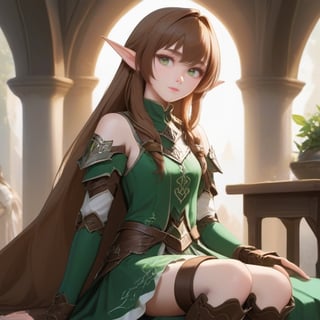 4k, masterpiece, super detailed face, super detailed green eyes,  full body show, feet, hands,  elven female cleric, 1girl, brown_hair, elinalise, armored_dress, armored_boots