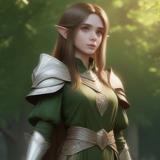 4k, masterpiece, super detailed face, super detailed green eyes,  full_body, feet, hands,  elven female cleric, 1girl, brown_hair, elinalise, armored_dress, armored_boots, standing, full,b3rli