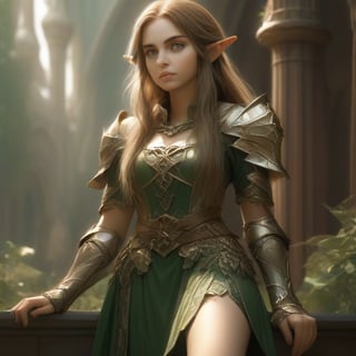 4k, masterpiece, super detailed face, super detailed green eyes,  full_body, feet, hands,  elven female cleric, 1girl, brown_hair, elinalise, armored_dress, armored_boots, standing, full,b3rli