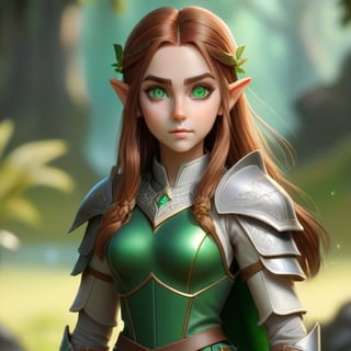 4k, masterpiece, super detailed face, super detailed green eyes,  full_body, feet, hands,  elven female cleric, 1girl, brown_hair,  armored_dress, armored_boots, standing, full_body, 