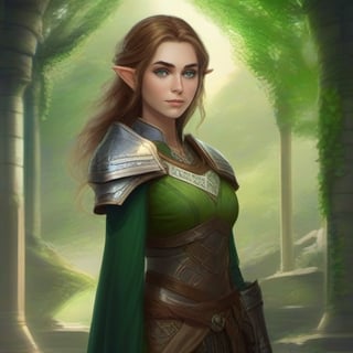 4k, masterpiece, super detailed face, super detailed green eyes,  full_body, feet, hands,  elven female cleric, 1girl, brown_hair,  armored_dress, armored_boots, standing, full_body, 