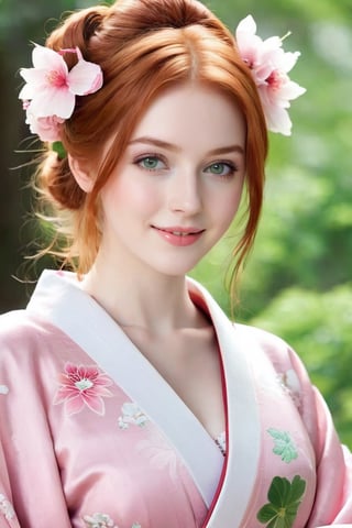 18-year old beautiful European girl  wearing (((pink Japanese kimono))),, cute girl, (light ginger red hair in a traditional kimono hairstyle:1.3), (symmetrical light green eyes:1.2), (pale skin:1.2), happy smiling, (perfect white teeth:1.3), (detailed beautiful face and eyes), perfect body, ((slender body, large breasts, flat stomach, 24" waist, narrow hips)), (natural skin texture, detailed skin texture, skin fuzz), outdoor with lots of greens, full body, close-up, ((facing viewer)), best quality, soft lighting, photography, 12K, UHD, hyper-detailed