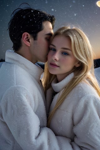 One (handsome dark hair young man:1.3) and one (beautiful 18-year old blonde girl:1.4), wearing winter clothing, (man is embracing blonde girl:1.35), (man looks intently at blonde girl:1.3), (blonde girl looks at viewer with hope:1.5), romantic vibes, (full moon in night sky:1.4), (snow falling:1.45), snow on the ground, (natural skin texture, detailed skin texture, skin fuzz), close-up, best quality, photography, 12K, UHD, hyper-detailed,photorealistic,perfecteyes eyes,perfect,Realism