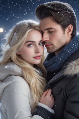 One handsome (dark hair man:1.3) and one (beautiful blonde:1.4), wearing winter clothing, (man is embracing blonde girl:1.3), (man looks at blonde girl intently, eyes closed:1.3), (blonde girl looks hopeful at viewer:1.5), (full moon in night sky:1.35), (snow falling:1.4), snow on the ground, romantic vibes, (natural skin texture, detailed skin texture, skin fuzz), natural lighting, best quality, photography, 12K, UHD, hyper-detailed,photo r3al