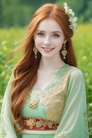 18-year old beautiful European girl, cute girl, (long light ginger red hair:1.3), (symmetrical light green eyes:1.2), (pale skin:1.2), happy smiling, (perfect white teeth:1.3), (detailed beautiful face and eyes), earrings, perfect body, ((slender body, large breasts, flat stomach, 24" waist, narrow hips)), wearing ((Chinese folk costume)), (natural skin texture, detailed skin texture, skin fuzz), outdoor with lots of greens, full body, close-up, ((facing viewer)), best quality, soft lighting, photography, 12K, UHD, hyper-detailed