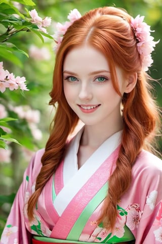 18-year old beautiful European girl  wearing (((pink Japanese kimono))),, cute girl, (light ginger red hair in a traditional kimono hairstyle:1.3), (symmetrical light green eyes:1.2), (pale skin:1.2), happy smiling, (perfect white teeth:1.3), (detailed beautiful face and eyes), perfect body, ((slender body, large breasts, flat stomach, 24" waist, narrow hips)), (natural skin texture, detailed skin texture, skin fuzz), outdoor with lots of greens, full body, close-up, ((facing viewer)), best quality, soft lighting, photography, 12K, UHD, hyper-detailed