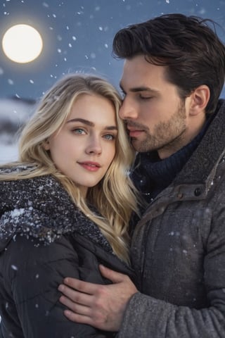 One handsome (dark hair man:1.3) and one (beautiful blonde:1.4), wearing winter clothing, (man is embracing blonde girl:1.3), (man looks at blonde girl intently:1.3), (blonde girl looks hopeful at viewer:1.5), (full moon in night sky:1.3), (snow falling:1.4), snow on the ground, romantic vibes, (natural skin texture, detailed skin texture, skin fuzz), natural lighting, best quality, photography, 12K, UHD, hyper-detailed,photo r3al