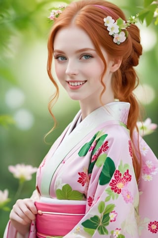 18-year old beautiful European girl  wearing (((pink Japanese kimono))),, cute girl, (light ginger red hair in a traditional kimono hairstyle:1.3), (symmetrical light green eyes:1.2), (pale skin:1.2), happy smiling, (perfect white teeth:1.3), (detailed beautiful face and eyes), perfect body, ((slender body, large breasts, flat stomach, 24" waist, narrow hips)), (natural skin texture, detailed skin texture, skin fuzz), outdoor with lots of greens, full body, close-up, ((facing viewer)), best quality, soft lighting, photography, 12K, UHD, hyper-detailed