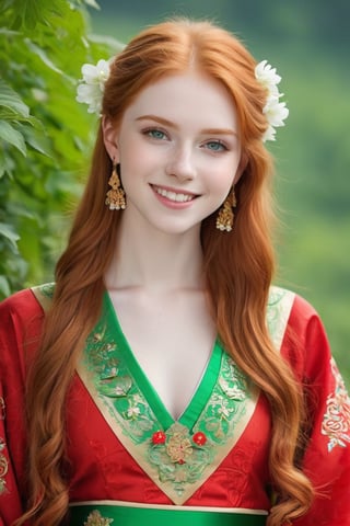 18-year old beautiful European girl, cute girl, (long light ginger red hair:1.3), (symmetrical light green eyes:1.2), (pale skin:1.2), happy smiling, (perfect white teeth:1.3), (detailed beautiful face and eyes), earrings, perfect body, ((slender body, large breasts, flat stomach, 24" waist, narrow hips)), wearing ((Chinese folk costume)), (natural skin texture, detailed skin texture, skin fuzz), outdoor with lots of greens, full body, close-up, ((facing viewer)), best quality, soft lighting, photography, 12K, UHD, hyper-detailed