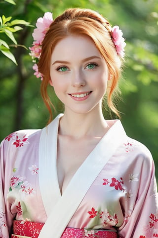 18-year old beautiful European girl  wearing (((pink Japanese kimono))),, cute girl, (light ginger red hair in a traditional kimono hairstyle:1.3), (symmetrical light green eyes:1.2), (pale skin:1.2), happy smiling, (perfect white teeth:1.3), (detailed beautiful face and eyes), perfect body, ((slender body, large breasts, flat stomach, 24" waist, narrow hips)), (natural skin texture, detailed skin texture, skin fuzz), outdoor with lots of greens, full body, close-up, ((facing viewer)), best quality, soft lighting, photography, 12K, UHD, hyper-detailed