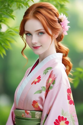 18-year old beautiful European girl  wearing (((pink Japanese kimono))),, cute girl, (light ginger red hair in a traditional kimono hairstyle:1.3), (symmetrical light green eyes:1.2), (pale skin:1.2), happy smiling, (perfect white teeth:1.3), (detailed beautiful face and eyes), perfect body, ((slender body, large breasts, flat stomach, 24" waist, narrow hips)), (natural skin texture, detailed skin texture, skin fuzz), outdoor with lots of greens, full body, close-up, ((facing viewer)), best quality, soft lighting, photography, 12K, UHD, hyper-detailed