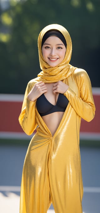 small breast, sexual posing, ((Perfect Face)), ((Sexy Face)), brunette, Anders Zorn, full shot of a happy beautiful girl, sport attire, gold hijab, at the school
, full blur background, light smile, exposed pussy, show pussy, beautiful complete hands, full body and head,xyzsanpajamas, normal fingers
