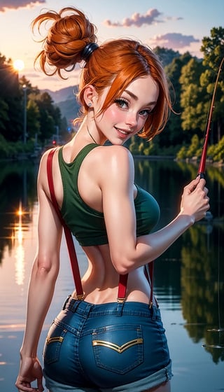 Misty_Pokemon,
naked breasts,
red suspenders,
side ponytail, skinny, fishing:1.3, river, garden, wood, sunset, jeans mini shorts, orange hair, 1girl, smile, realistic, back to viewer