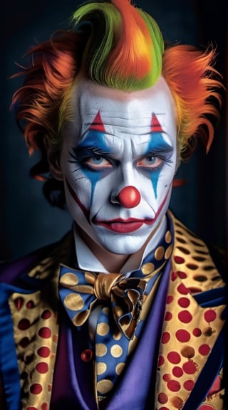 breathtaking Fashion photography of a joker, 1800s renaissance, clown makeup, editorial, insanely detailed and intricate, hyper-maximal, elegant, hyper-realistic, warm lighting, photography, photorealistic, 8k . award-winning, professional, highly detailed