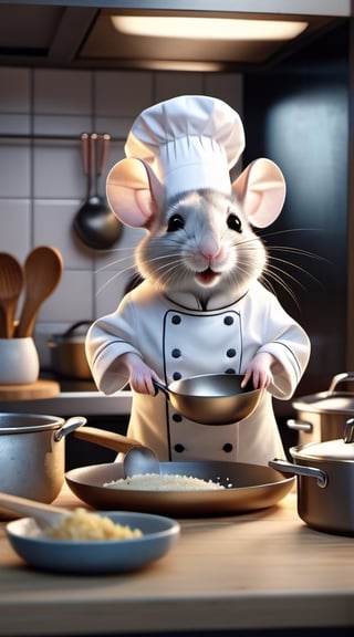 cute mouse chef cooking in a kitchen photo realism intricate details hyper-realistic, warm lighting, photography, photorealistic, 8k . award-winning, professional, highly detailed