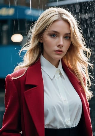 a woman,long coat, gangstar, under ground business, raining, cool, close up shot, 90s vibe, clean shot, peaky blinders style,black suit, sexy, long_hair, blue_eyes, blond_hair, big_boobies