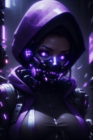 1girl, solo, looking at viewer, purple eyes, upper body, hood, mask, glowing, portrait, glowing eyes, science fiction, cyborg, cyberpunk,MasnoMix