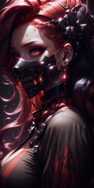 1girl, solo, looking at viewer, black hair, red eyes, upper body, braid, red hair, multicolored hair, mole, from side, two-tone hair, mole under eye, makeup, mask, scar, piercing, ear piercing, portrait, eyeshadow, hair behind ear