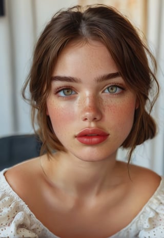1girl, solo, looking at viewer, bangs, brown hair, parted lips, teeth, lips, makeup, portrait, close-up, freckles, red lips, full body, sitting,ENHANCE,photorealistic,4k,Extremely Realistic