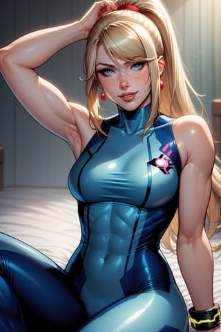 score_9, score_8_up, score_7_up,1girl, solo, long hair, breasts, looking at viewer, smile, bangs, blue eyes, blonde hair, jewelry, medium breasts, sitting, ponytail, earrings, parted lips, artist name, arm up, lips, bodysuit, covered navel, watermark, skin tight, web address, patreon username, blue bodysuit, zero suit, samus aran,Comics style pony,