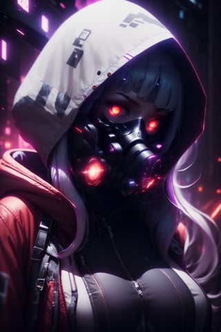 1girl, solo, long hair, looking at viewer, bangs, red eyes, jacket, upper body, white hair, hood, blunt bangs, open jacket, hoodie, mask, glowing, glowing eyes, hooded jacket, hood up, zipper, mouth mask, gas mask,MasnoMix