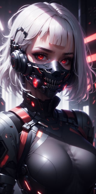 1girl, solo, looking at viewer, short hair, bangs, red eyes, white hair, hand up, hair over one eye, bodysuit, mask, glowing, portrait, science fiction, mouth mask