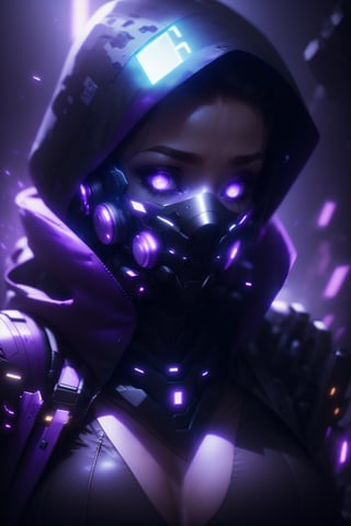 1girl, solo, looking at viewer, purple eyes, upper body, hood, mask, glowing, portrait, glowing eyes, science fiction, cyborg, cyberpunk