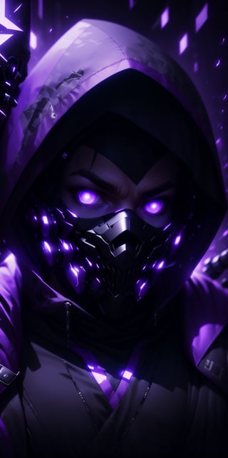 solo, looking at viewer, 1boy, purple eyes, jacket, upper body, male focus, hood, mask, glowing, portrait, glowing eyes, hood up, purple background