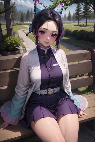 1girl, solo, breasts, looking at viewer, blush, smile, short hair, bangs, skirt, large breasts, black hair, hair ornament, long sleeves, medium breasts, sitting, purple eyes, jacket, purple hair, sidelocks, multicolored hair, pleated skirt, outdoors, parted lips, japanese clothes, day, belt, miniskirt, wide sleeves, two-tone hair, tree, lips, parted bangs, gradient hair, purple skirt, butterfly hair ornament, bench, haori, white belt, demon slayer uniform, kochou shinobu