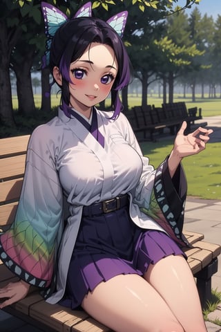 1girl, solo, breasts, looking at viewer, blush, smile, short hair, bangs, skirt, large breasts, black hair, hair ornament, long sleeves, medium breasts, sitting, purple eyes, jacket, purple hair, sidelocks, multicolored hair, pleated skirt, outdoors, parted lips, japanese clothes, day, belt, miniskirt, wide sleeves, two-tone hair, tree, lips, parted bangs, gradient hair, purple skirt, butterfly hair ornament, bench, haori, white belt, demon slayer uniform, kochou shinobu