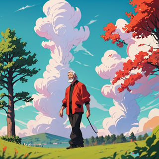 Green field, red color trees around, colorful clouds in sky, spiral clouds, a old man, white beard, walking 