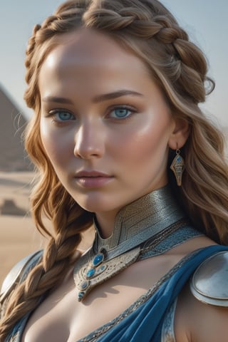 long shot scenic professional photograph of RAW photo, full sharp, (FullHD epic wallpaper) 8k uhd, dslr, soft lighting, high quality, film grain, Fujifilm XT3, hiqcgbody, Jennifer Lawrence as a queen in Egypt, (elven:0.7) grey-blue eyes, fishtail braid, solo, half shot, looking down, detailed background, detailed face, (V0id3nergy, void theme:1.1), intense expression, dynamic pose, glass-cyborg, (made of glass:1.1), translucent, warrior, crystal armor, dirty glass, mechanical, surging power, steam, intense heat, battlefield in background, cinematic atmosphere,, perfect viewpoint, highly detailed, wide-angle lens, hyper realistic, with dramatic sky, polarizing filter, natural lighting, vivid colors, everything in sharp focus, HDR, UHD, 64K, RAW candid cinema, 16mm, color graded portra 400 film, remarkable color, ultra realistic, textured skin, remarkable detailed pupils, realistic dull skin noise, visible skin detail, skin fuzz, dry skin, shot with cinematic camera