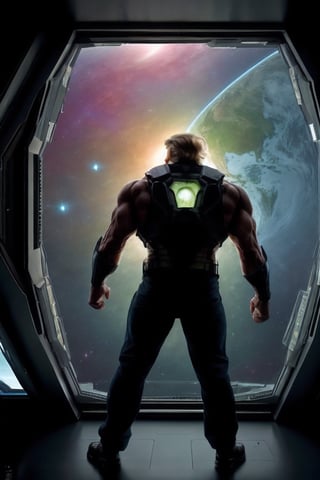 Photograph of Trump as The Hulk, in a Spaceship Control Room, holographic displays. windows showing planet Earth from space, Futuristic Technology, happy, Full Figure, short pants, avengers movie, stealthtech 