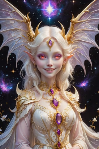 (full body),(long intricate horns:1.2) ,albino demon girl with enchantingly beautiful, alabaster skin, (albino bat wings),hides body with wings,smile of compassion, A benevolent smile,girl has Beautiful red eyes,soft expression,Depth and Dimension in the Pupils, white eyelashes, Her porcelain-like white skin reflects an almost celestial glow, highlighting her ethereal nature,Every detail of her divine (purple lace) costume is meticulously crafted, adorned with jewels that sparkle with a divine radiance,purple gemstone, Capture the subtle intricacies of the lacework, emphasizing the delicate patterns that complement her unearthly features. From the curve of her horns to the flowing elegance of her dress, every aspect contributes to an aura of supernatural allure. The jewels, carefully placed, create a mesmerizing dance of light that enhances her divine presence, Consider the composition to portray her in a setting that complements her celestial beauty, whether it's a moonlit garden or a mystical realm, Illuminate the scene with soft, enchanting light to accentuate the magical and mysterious atmosphere,The overall goal is to evoke a sense of wonder and captivation, celebrating the unique and transcendent beauty of this albino demon girl, ,goth person,furry,hathordef ,masterpiece,blad4
