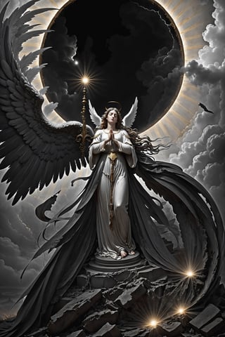 tmasterpiece,Portrait of an angel in prayer,Evil countenance,Three eyes,eye closeds,Black and white wings,A frame eroded by darkness and light
