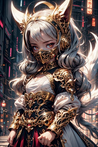 kitsune female  little child, little girl, delicate physique, soft white fur, partial silver mask, gold eyes, intricate and ornate garments, cyberpunk, little child, little child, little body, little body, little body, bellybutton full body view, tits, (Chibi), Lolita, (Chibi) Cute girl,4 year old, silver hair, twintails,(simple background),oni face shield