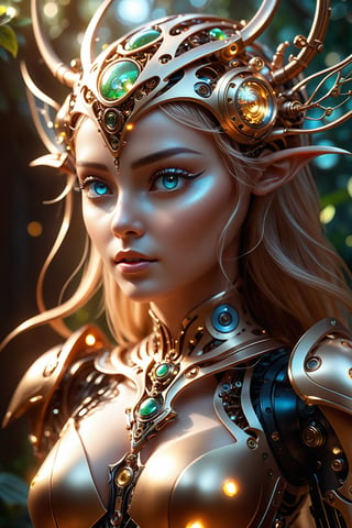 Mechanical elves,fansty world,Mysterious light,Human-machine symbiosis,The beauty of technology,Macro lens,The morning light shines,Digital art,Unique creativity,Unreal engine,the visual stunning shock。
