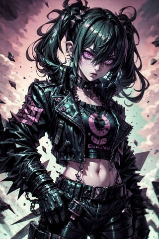 1girl, toxic green hair, grunge decora, punk rock, spike chain collar, choker, leather jacket in hot pink, neon color palette, spiky pigtails, short hair, ripped pants, eyes that hold anger
