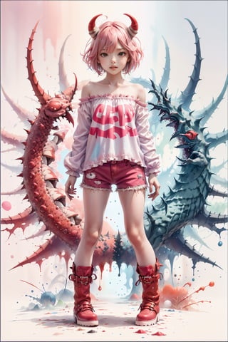 1girl, solo, looking at viewer, smile, short hair, simple background, shirt, red eyes, white background, standing, full body, pink hair, multicolored hair, boots, horns, shorts, teeth, off shoulder, colored skin, sharp teeth, monster girl, clothes writing,
,AIDA_LoRA_AnC