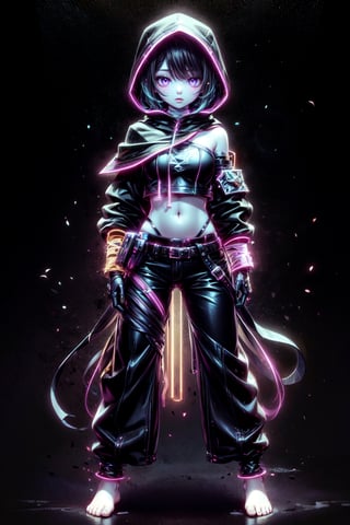 1girl, solo, short hair, simple background, black hair, navel, bare shoulders, jewelry, standing, full body, barefoot, midriff, pants, grey background, armor, bandages, gauntlets, clenched hands, 
hood,sexy,style,orange lineart,NeonST2,black background,best quality