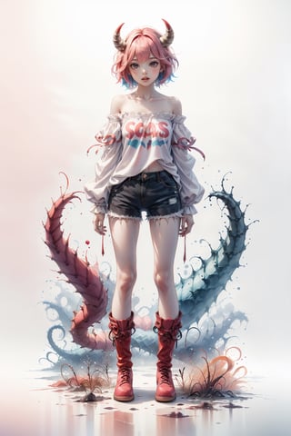 1girl, solo, looking at viewer, smile, short hair, simple background, shirt, red eyes, white background, standing, full body, pink hair, multicolored hair, boots, horns, shorts, teeth, off shoulder, colored skin, sharp teeth, monster girl, clothes writing,
,AIDA_LoRA_AnC