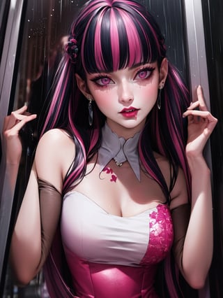 (masterpiece, , vibrant colors, super high realism, hyperealistic, high quality, 64k, uhd, extremely detailed, extremely intricate, professional) dark, lightning, rain, heavy rain, drops of water in window, bright lightning heart shaped, face tatoo, pink heart, Draculaura, 1girl, pink hair, multicolored hair, black hair,  pink eyes, prom queen, prom dress,draculaura_mh draculaura