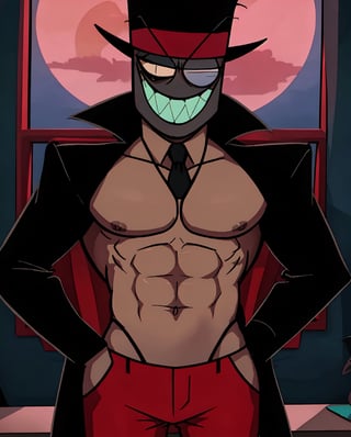 1 man, smiling, sharp teeth, top hat, discolored skin, monocle in left eye, shirtless (showing black skinned pecs and abs), black tie, looking at viewer, sexy look, 4k quality, artwork, background red moonlight reflected in the window,ultra detailed