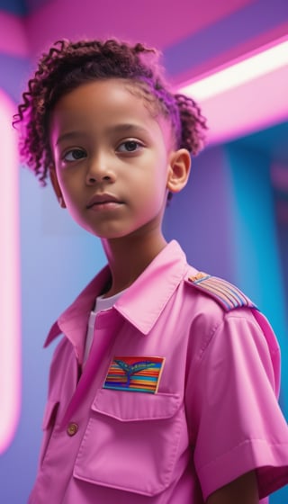 Caribbean Futurism, Top-down, Technicolor film, Child closeup, Military-inspired Clothing, Pink-Purple-Blue, Modern indoor setting, Alien Architecture, Backlight, Summer, Carbon Fiber