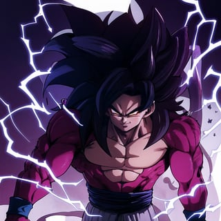 Super_Saiyan_4_Goku,  male focus, super saiyan, tail, wristband, pants, red fur, black hair, solo, smiling, energy, aura, electricity, purple aura, purple electricity, simple background, muscular male, portrait,
