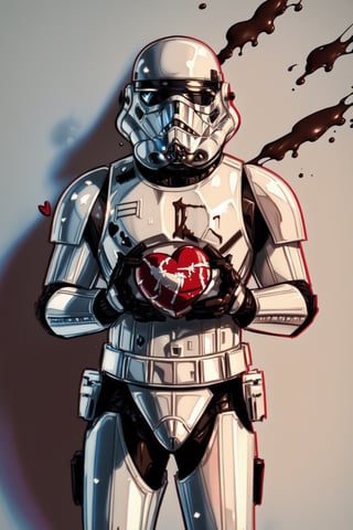 storm trooper helmet, white armor, science fiction, star wars, solo, (chocolate heart in the background:1.2), abstract background