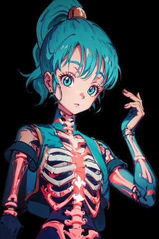 bulma, 1girl, solo, blue eyes, blue hair, aqua hair, bangs, hair, high ponytail, earrings, arabian clothes, white shirt, blue vest, abrstact_background, portrait, glowing skeleton, glowing veins, glowing, aura, skeleton, full body, (x-ray)