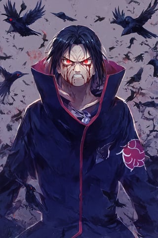 (score_9, score_8_up, score_7_up:1.2), (source_pony:1.2), 1boy, uchiwa5, black hair, sharingan, red eyes, male focus, solo, akatsuki uniform, abstract art, full body, crows, (serious), scream, angry, blood, glowing